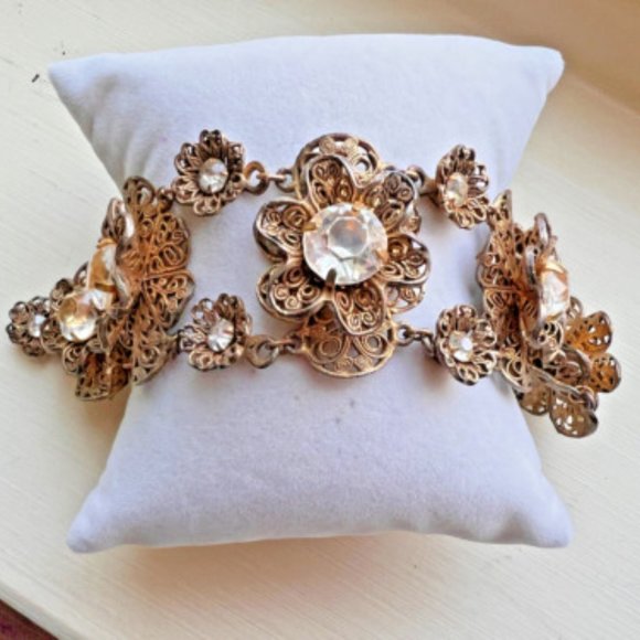 Vintage Czech Art Deco Filigree Clear Rhinestone Bracelet